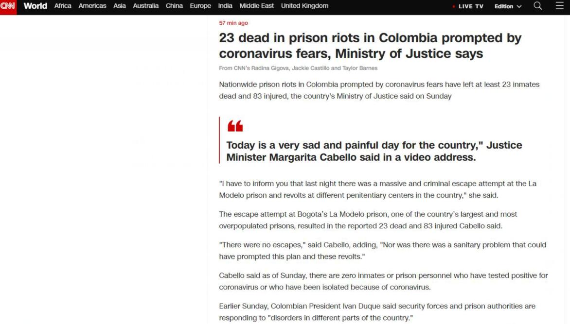 害怕被感染，哥伦比亚最大监狱发生暴动造成23死83伤