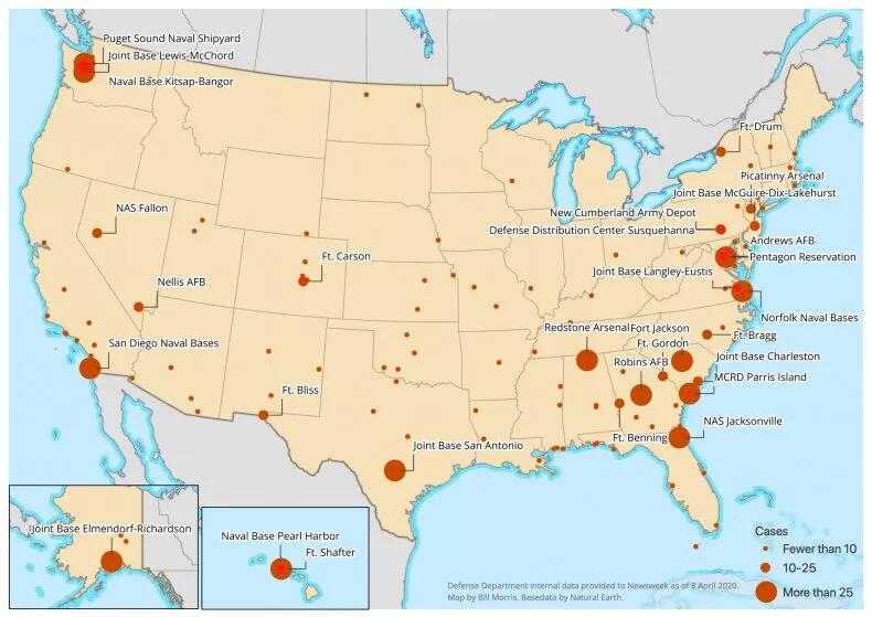 推荐▲美媒曝光美军感染地图，标注了超一百个出现确诊病例的美军基地！